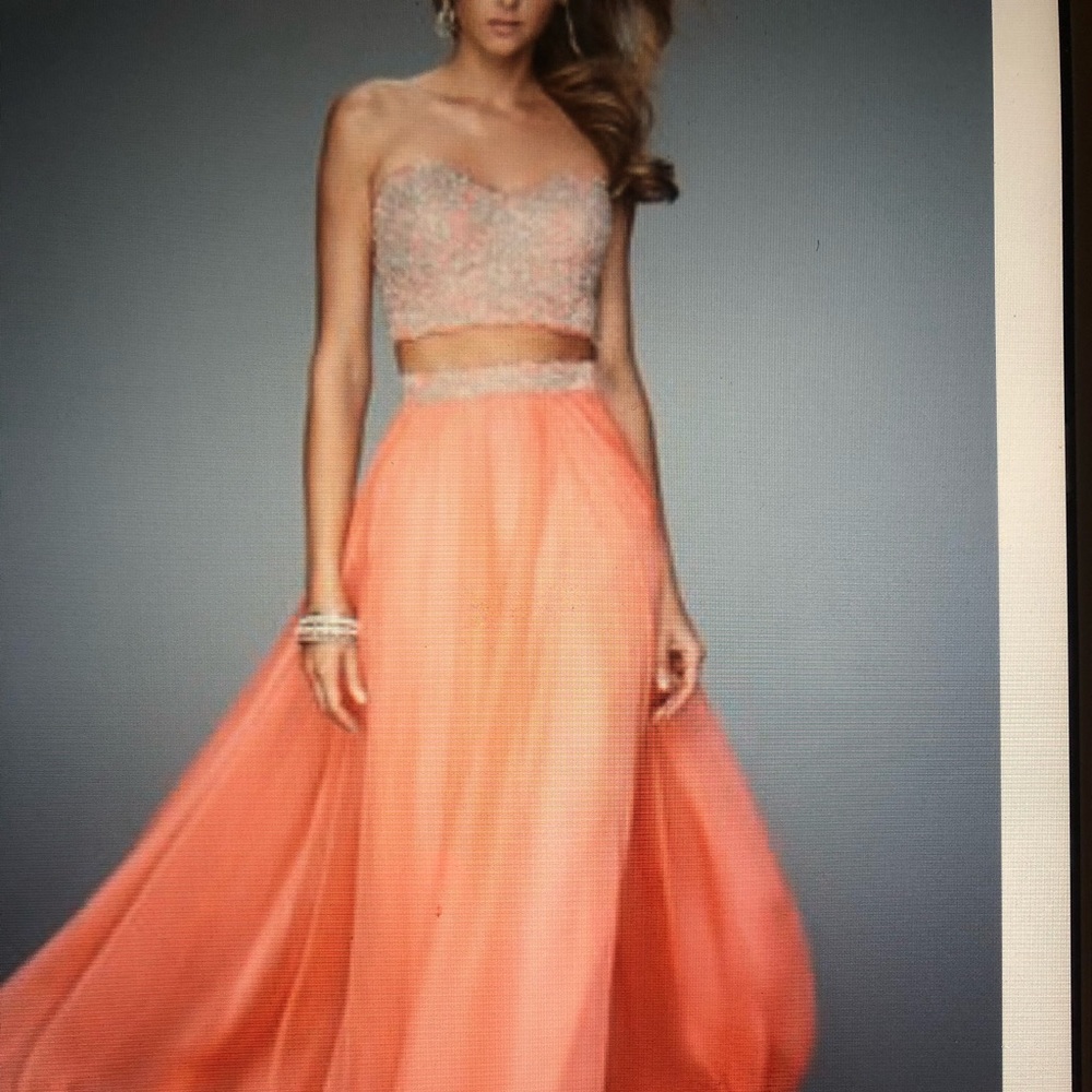 LaFemme Hot Coral Two Piece Lace Chiffon Maxi Dres